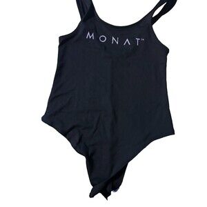 Monat Gear Bodysuit Sz S Logo Print Sleeveless Compression Black Yoga Cheeky New